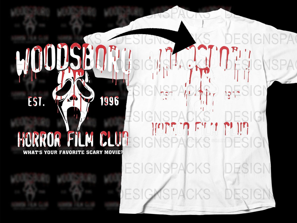 Woodsboro Horror Film Club T-Shirt, Scary Movie Fan Tee, Vintage 1996 Design, Blood Splatter Graphic Shirt