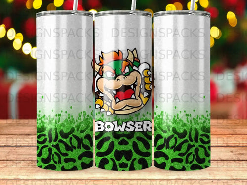 Bowser from Super Mario with leopard print design on a tumbler.
