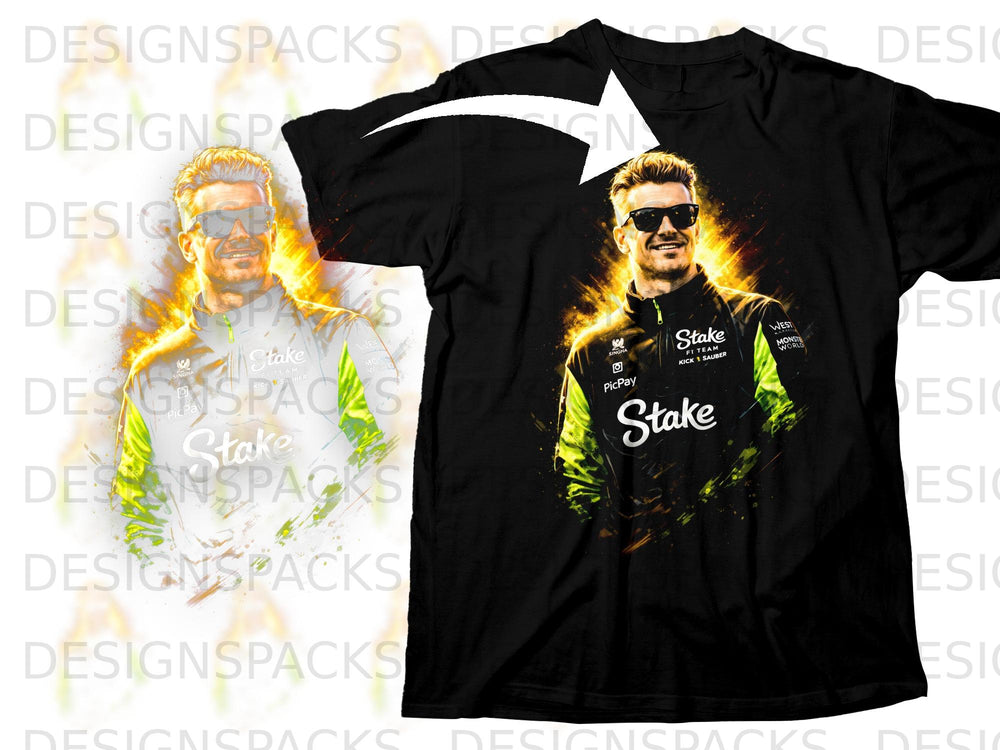 Black t-shirt featuring a graphic of a smiling man wearing sunglasses and racing attire.