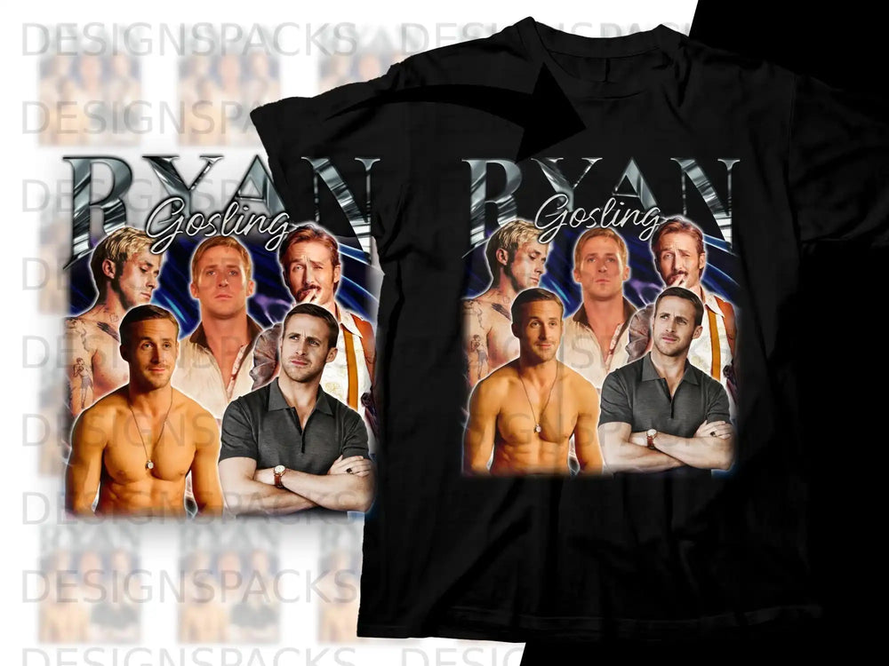 Ryan Gosling collage on black t-shirt.