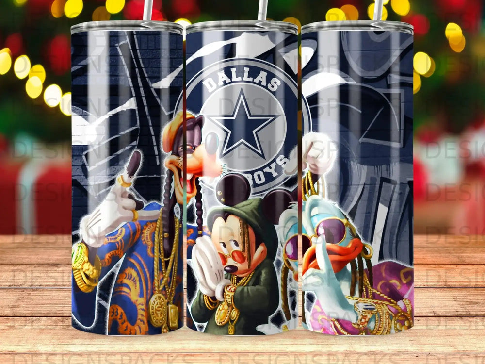 Dallas Cowboys cartoon characters in elaborate outfits and jewelry.