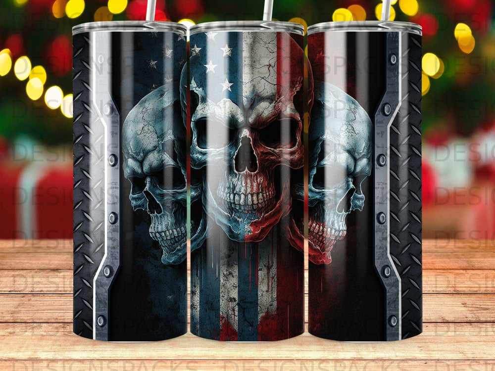 Three skulls with American flag detail, against a textured background.