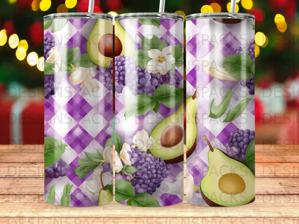 Tumbler with purple gingham and fruit pattern including blackberries, grapes, and avocado.