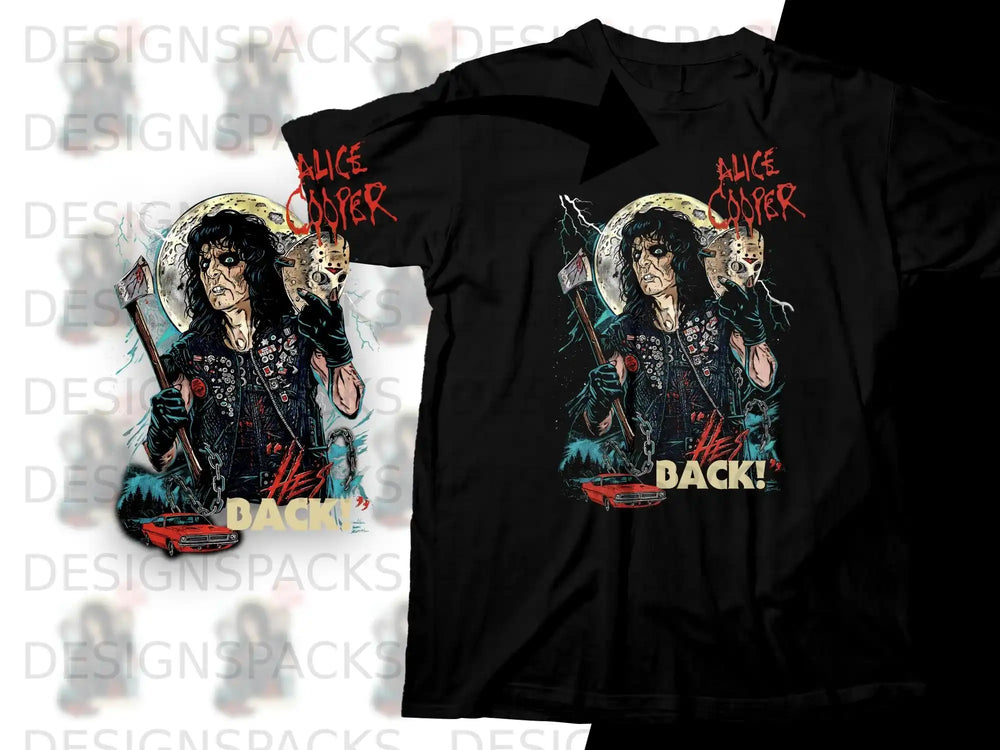 Alice Cooper with axe, moon, and red car on black t-shirt.