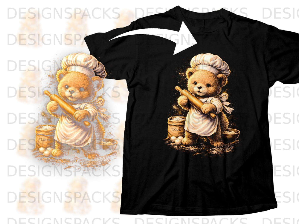 Chef bear with rolling pin, flour, eggs, and bowl on black t-shirt.