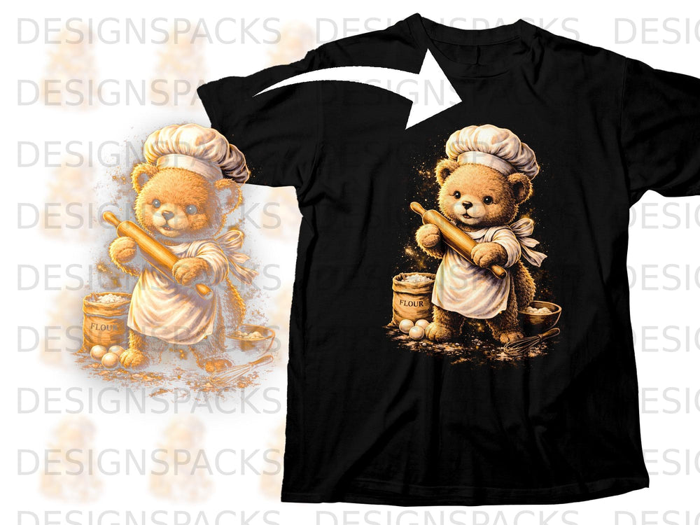 Chef bear with rolling pin, flour, eggs, and bowl on black t-shirt.