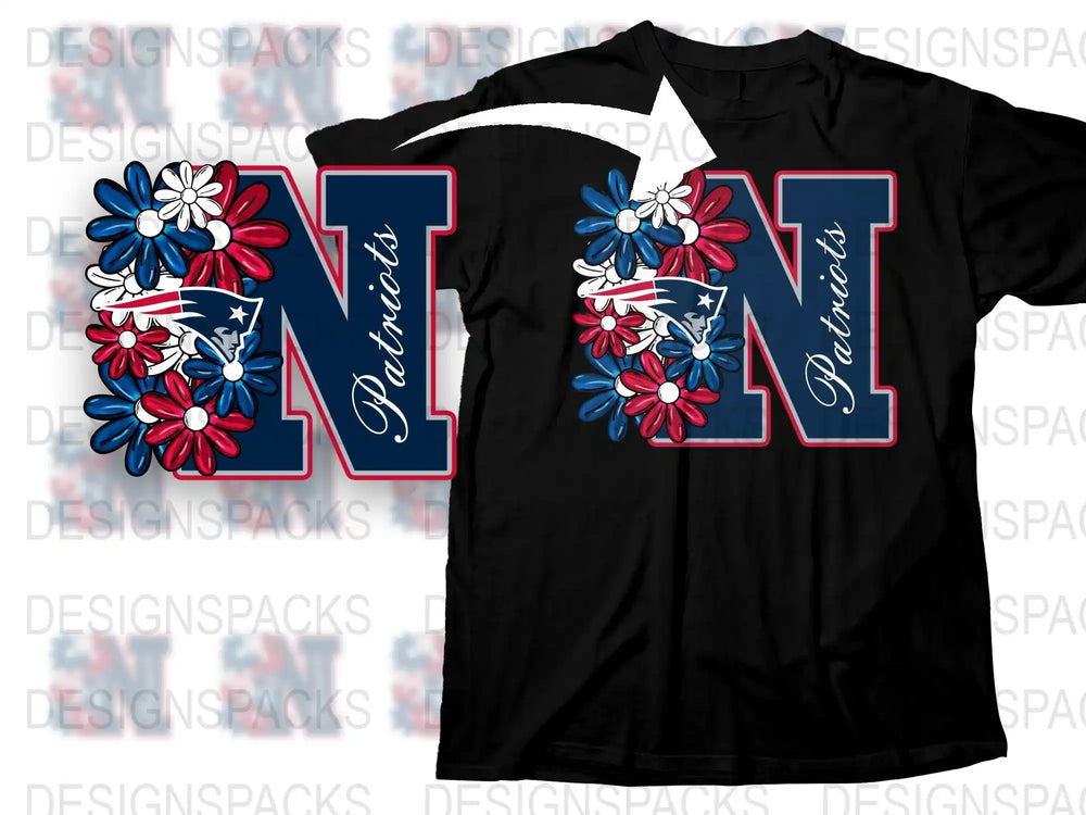 Patriotic Floral T-Shirt, Monogram N, Red White Blue Flowers, Casual Summer Tee, American Style Top