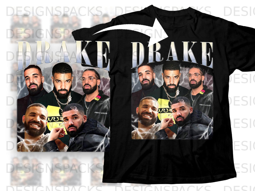 Black t-shirt with a graphic of Drake's face and the word "Drake" in large font.