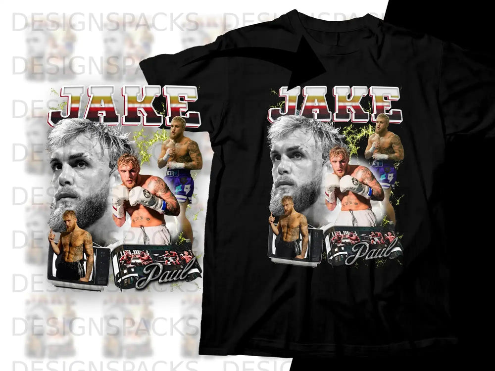 Jake Paul graphic tee with boxing imagery and the name "Paul" on shirt.