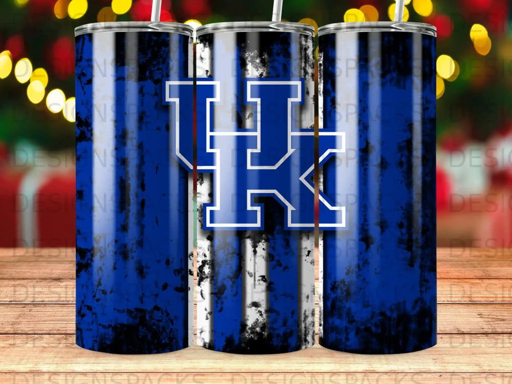 Blue and white striped tumbler with the Kentucky Wildcats logo.