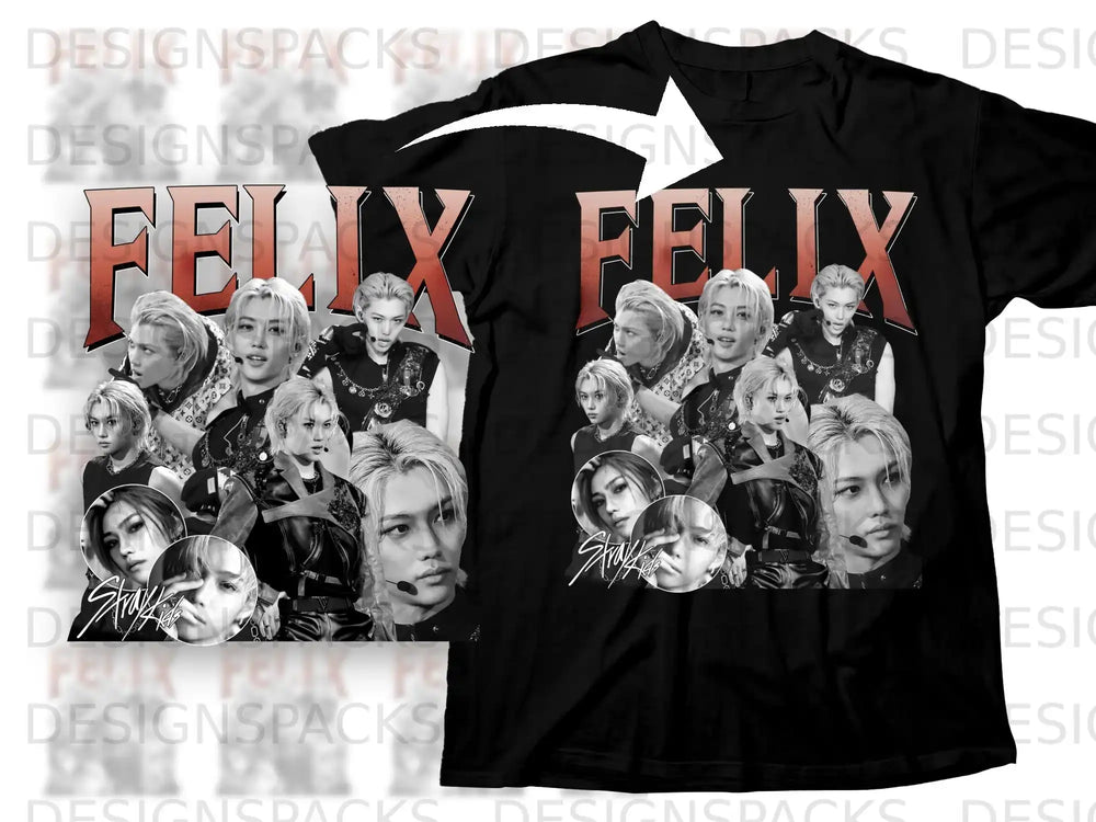 Felix collage t-shirt with red background and Korean text.