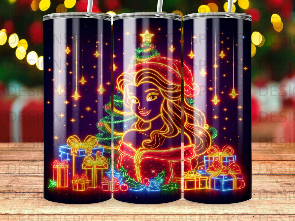 Christmas tumbler with Elsa in festive attire surrounded by gifts and a tree.