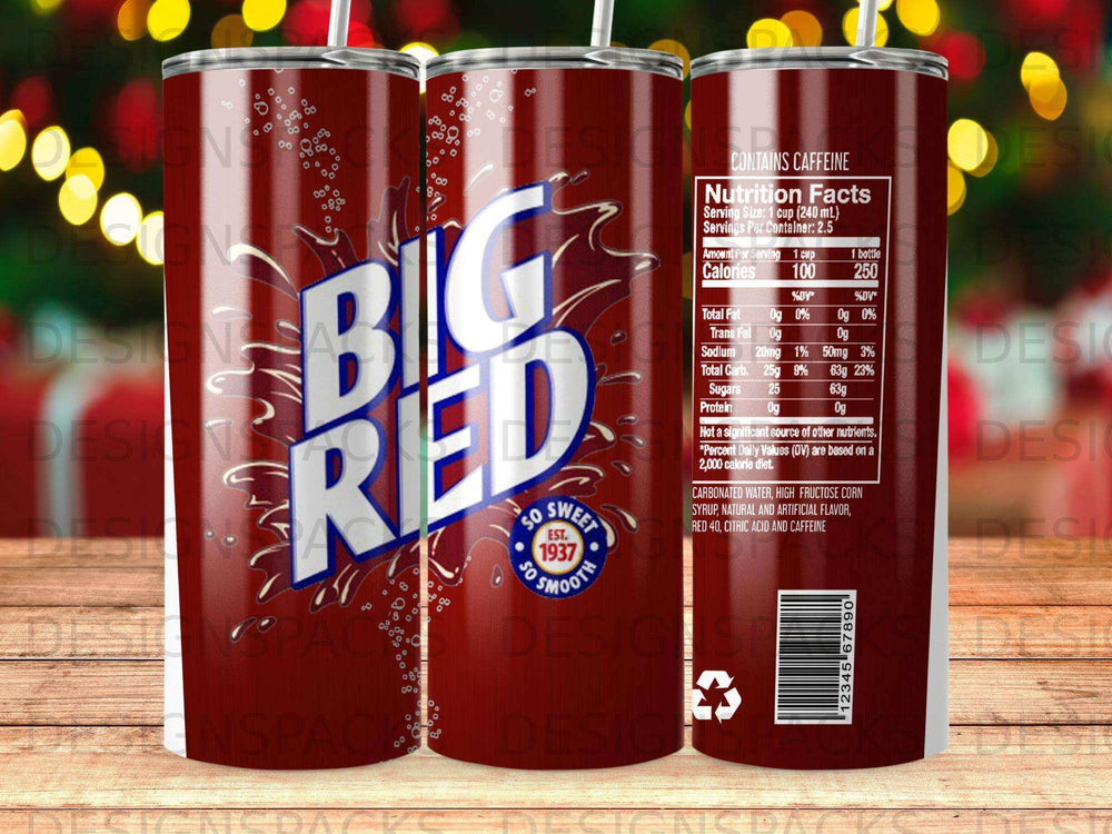 Big Red soda bottle with nutrition facts and ingredients on a red background.