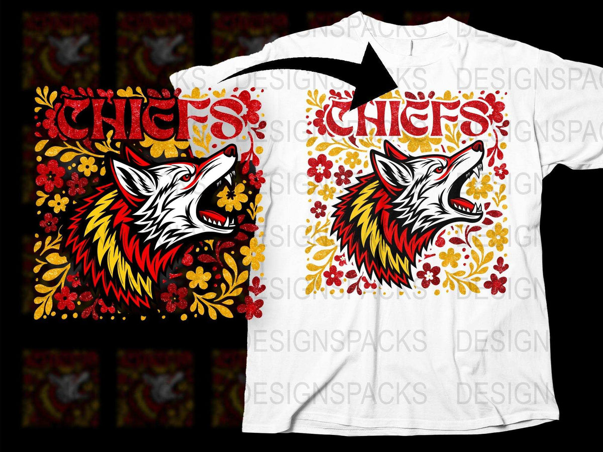 Chiefs Graphic T-Shirt, Red and Yellow Wolf Design, Floral Pattern, Unisex Fashion Tee