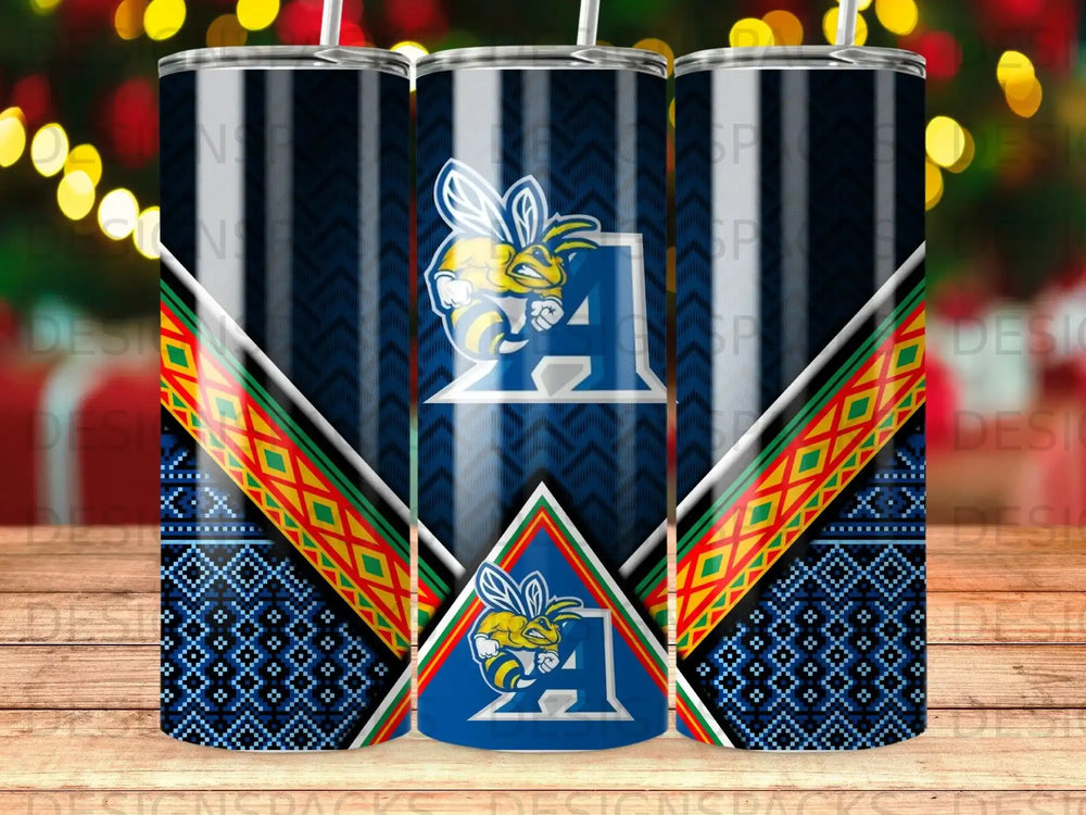 Blue tumbler with a bee logo and geometric patterns.
