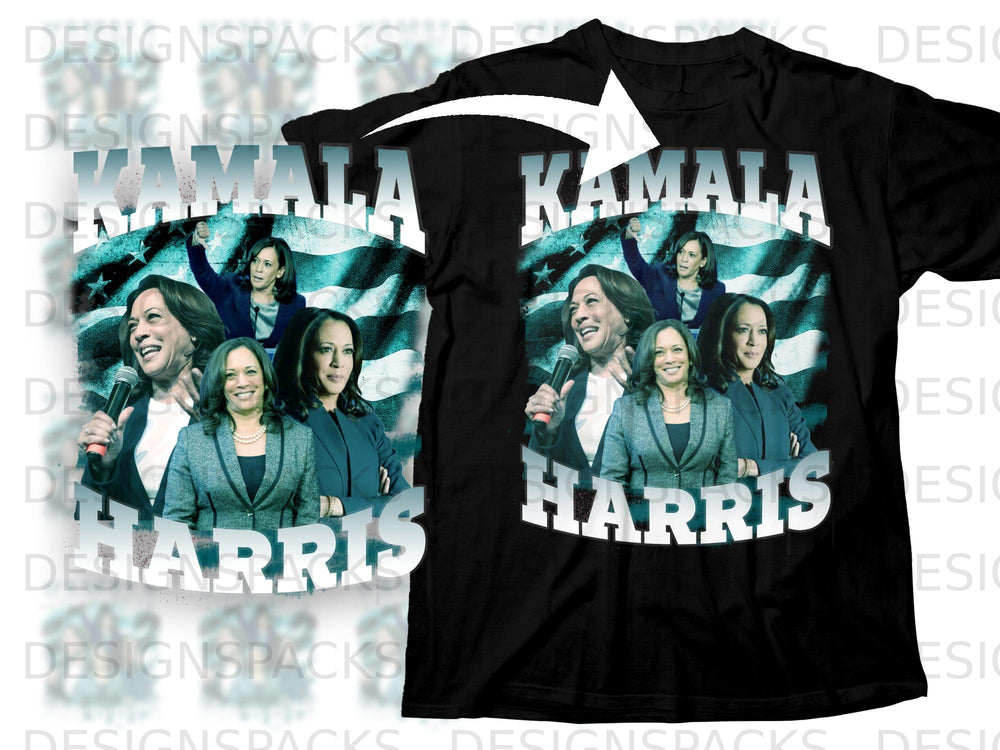 Black t-shirt with "Kamala Harris" text and collaged images of Kamala Harris.