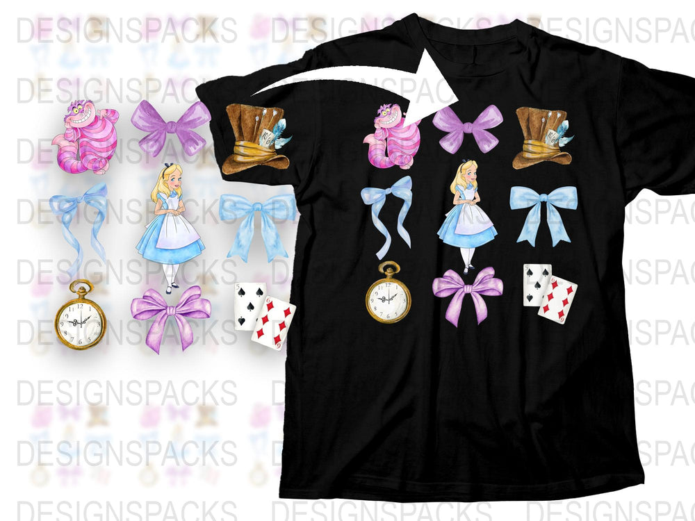 Alice in Wonderland T-Shirt, Cheshire Cat, Mad Hatter, Pocket Watch Graphics, Fairy Tale Tee