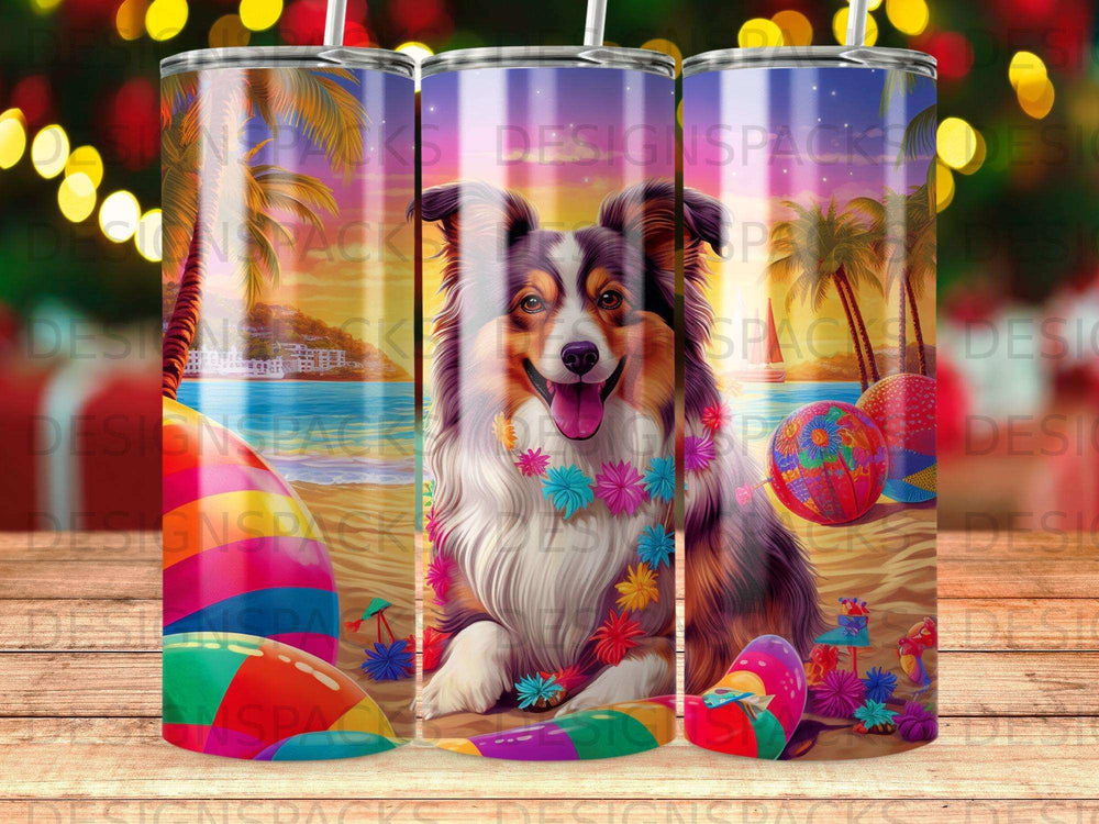 Dog wearing a lei on a beach with palm trees and colorful balls.