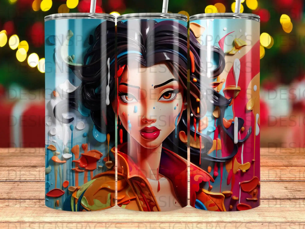 Close-up of a stylized woman's face with vibrant colors and paint splatters.