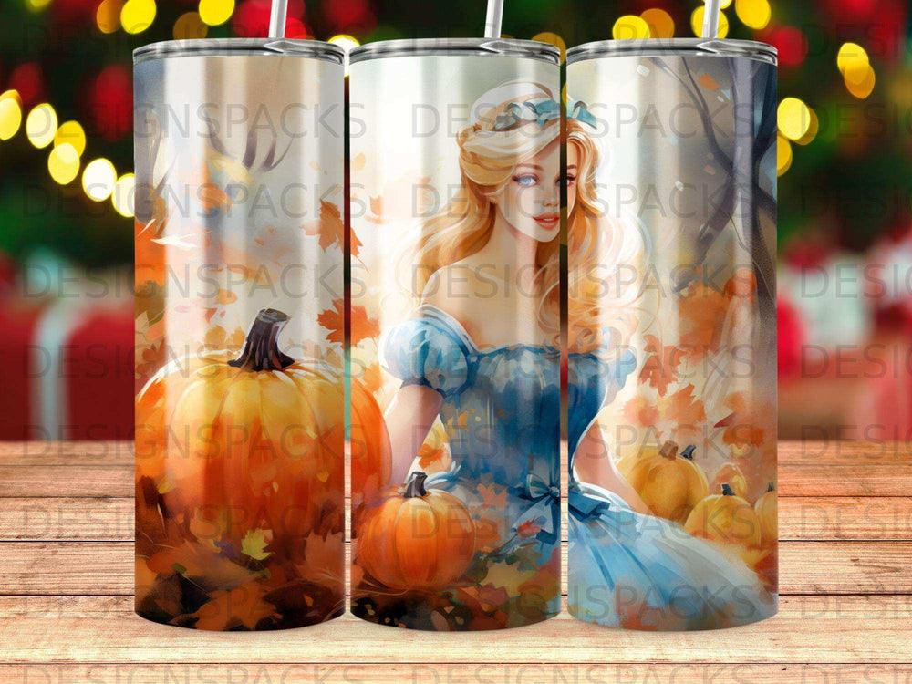 Halloween tumbler with a blonde woman in a blue dress and pumpkins.