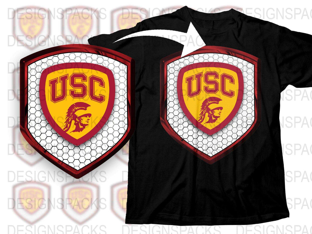USC Shield Logo T-Shirt, Vintage College Graphic Tee, Red and Gold, Casual Sportswear, Men's Fashion, Trendy Design Shirts