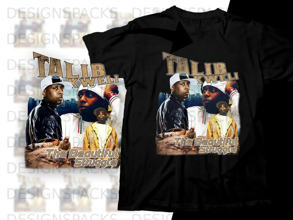T-shirt with Talib Kweli graphic and "The Beautiful Struggle" text.