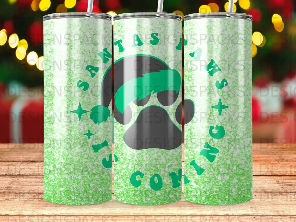 Green tumbler with "Santa Paws" text and paw print.
