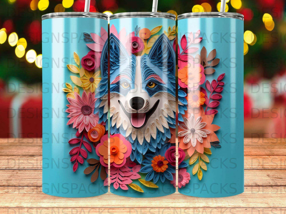 Blue and white dog with colorful floral accents on a light blue background.