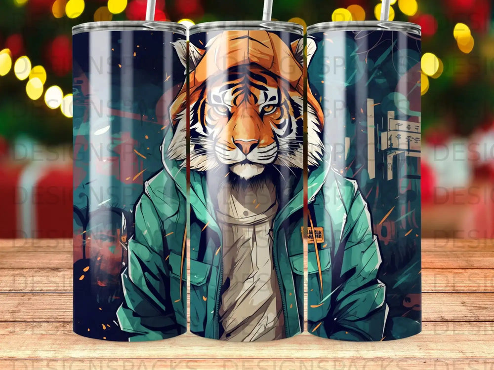 Tiger wearing a green hoodie and beanie, urban background.