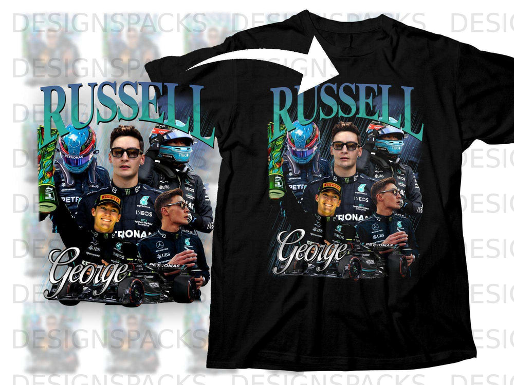 Black t-shirt with George Russell and Mercedes F1 team graphic.