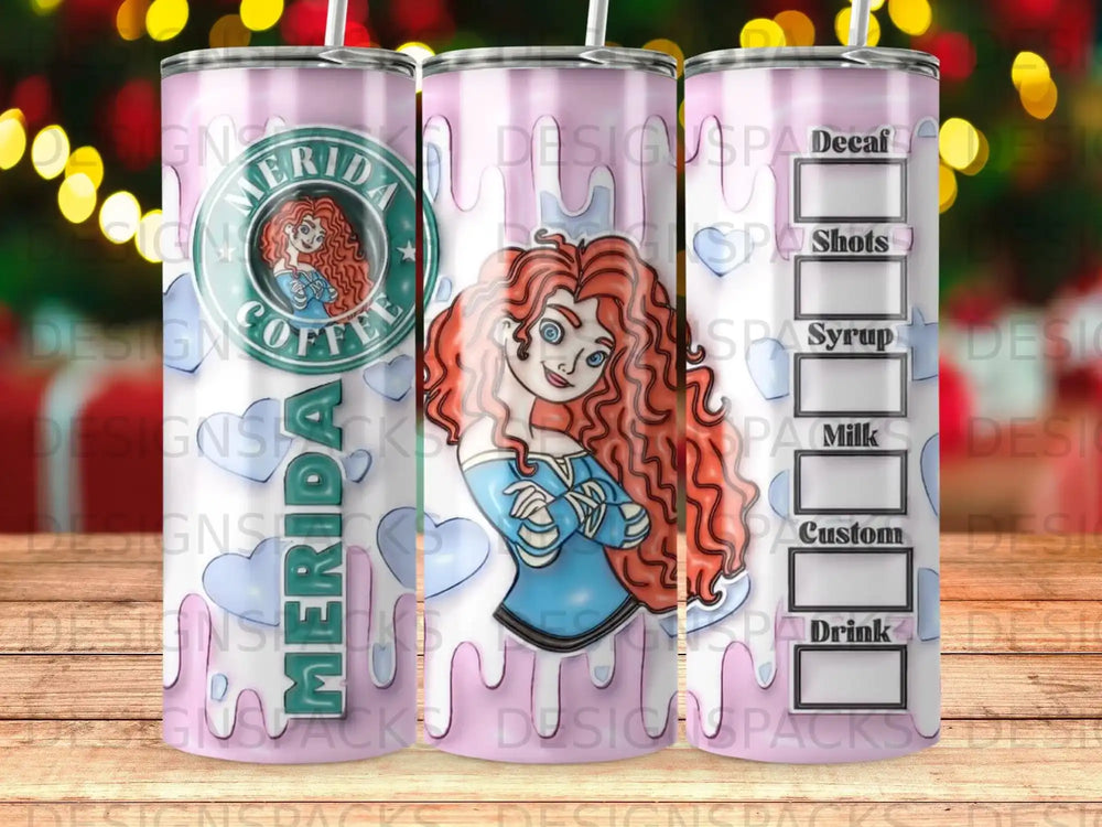 Merida from Brave with pink dripping design and coffee shop drinks.
