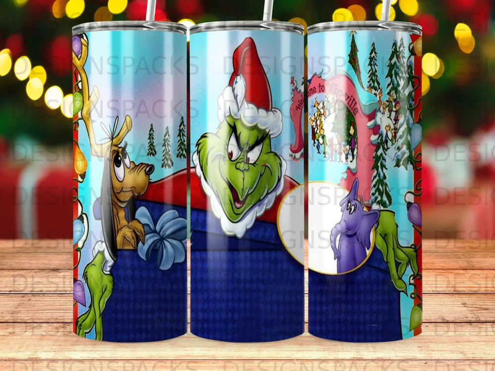 The Grinch peeks from a gift box with Who-ville in the background.