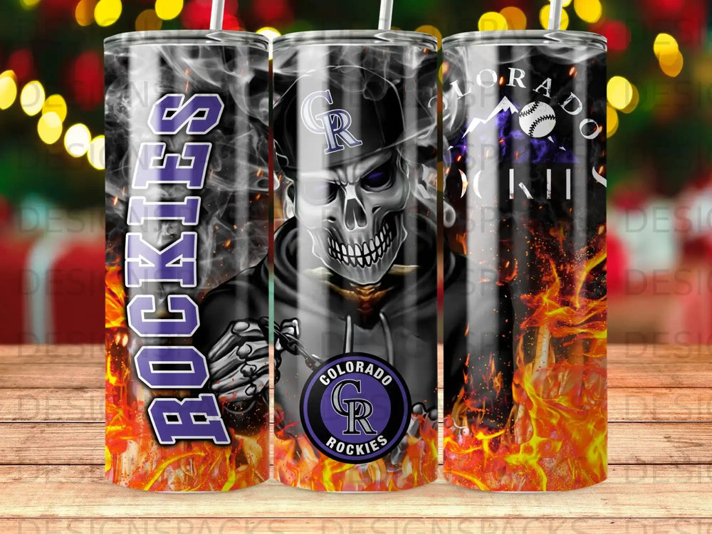 Colorado Rockies skeleton mascot tumbler with fire and smoke.