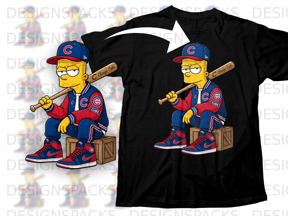 Bart Simpson sits on a crate wearing Cubs attire and holding a baseball bat.