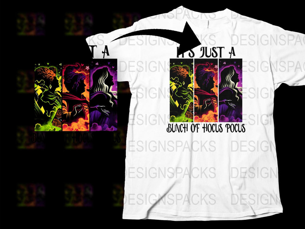 Hocus Pocus T-Shirt, Halloween Witch Graphic Tee, Colorful Witch Silhouette Design, Unisex Fashion Top