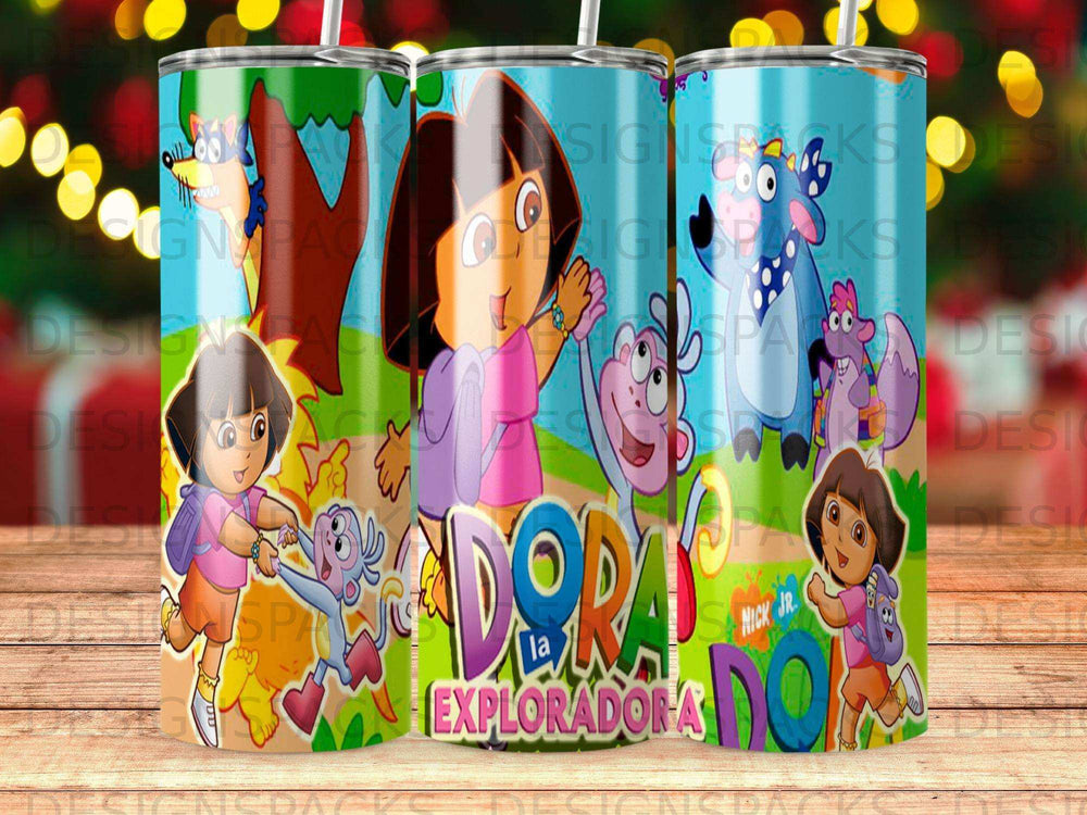 Dora the Explorer with Boots and Swiper on a blue background.