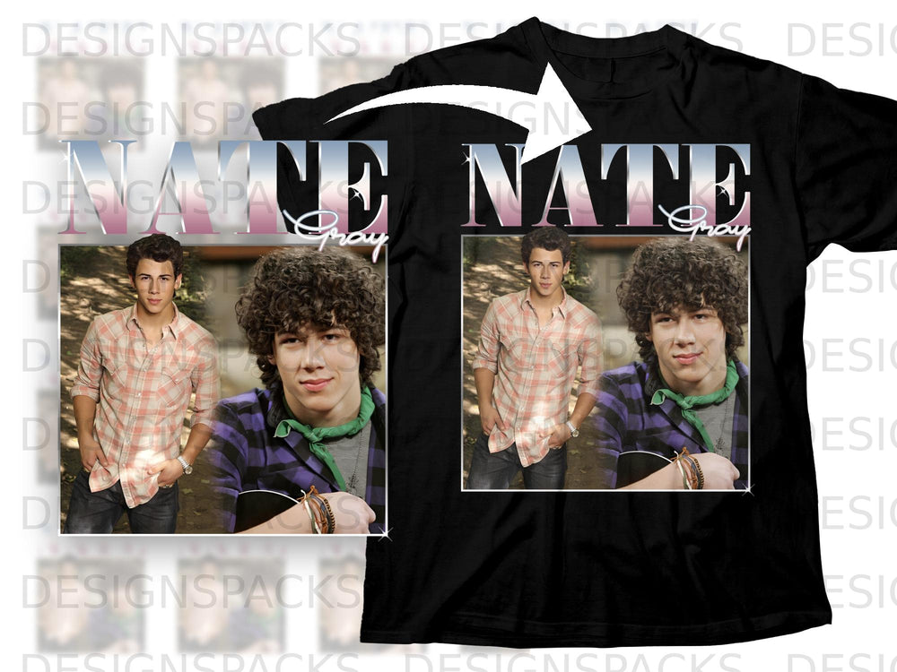 Black t-shirt with two images of Nick Jonas and the text "NATE Gray".