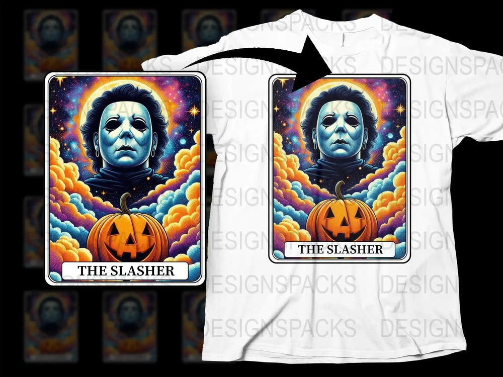 Halloween Tarot Card T-Shirt, Michael Myers Pumpkin Design, Horror Movie Fan Apparel, Unisex Graphic Tee