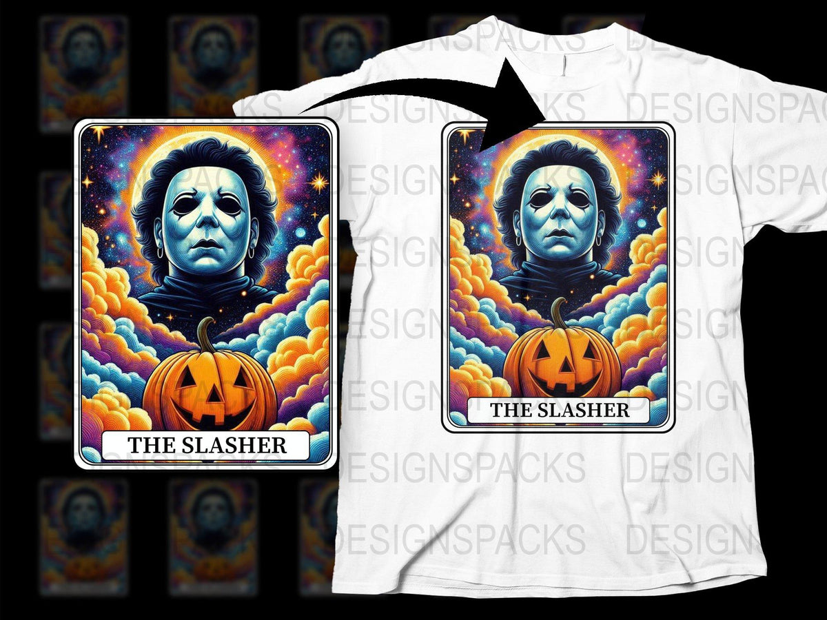 Halloween Tarot Card T-Shirt, Michael Myers Pumpkin Design, Horror Movie Fan Apparel, Unisex Graphic Tee