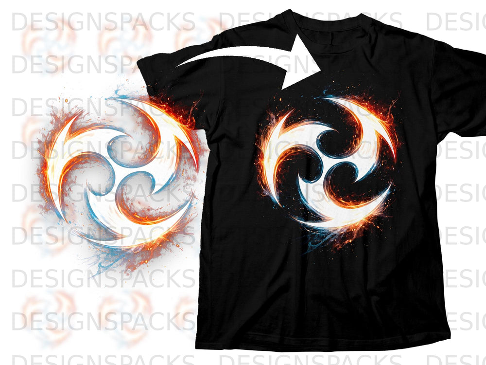 Black t-shirt with a fiery, swirling blue and orange symbol on the chest.