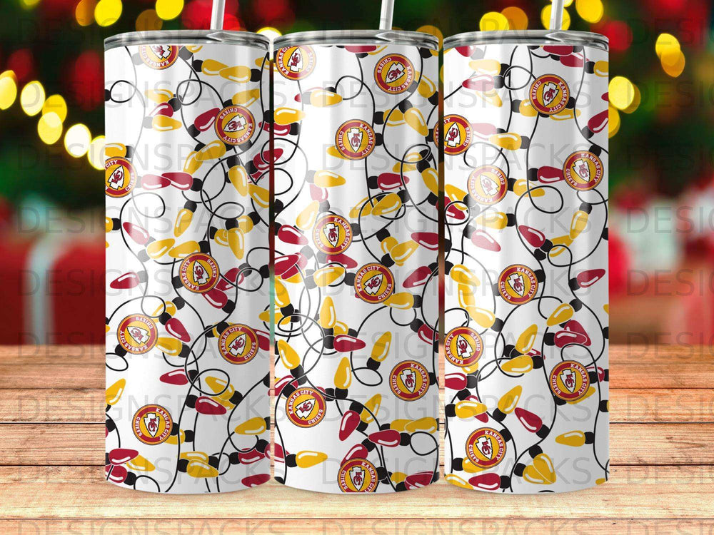 Kansas City Chiefs logo on red and yellow Christmas lights pattern.