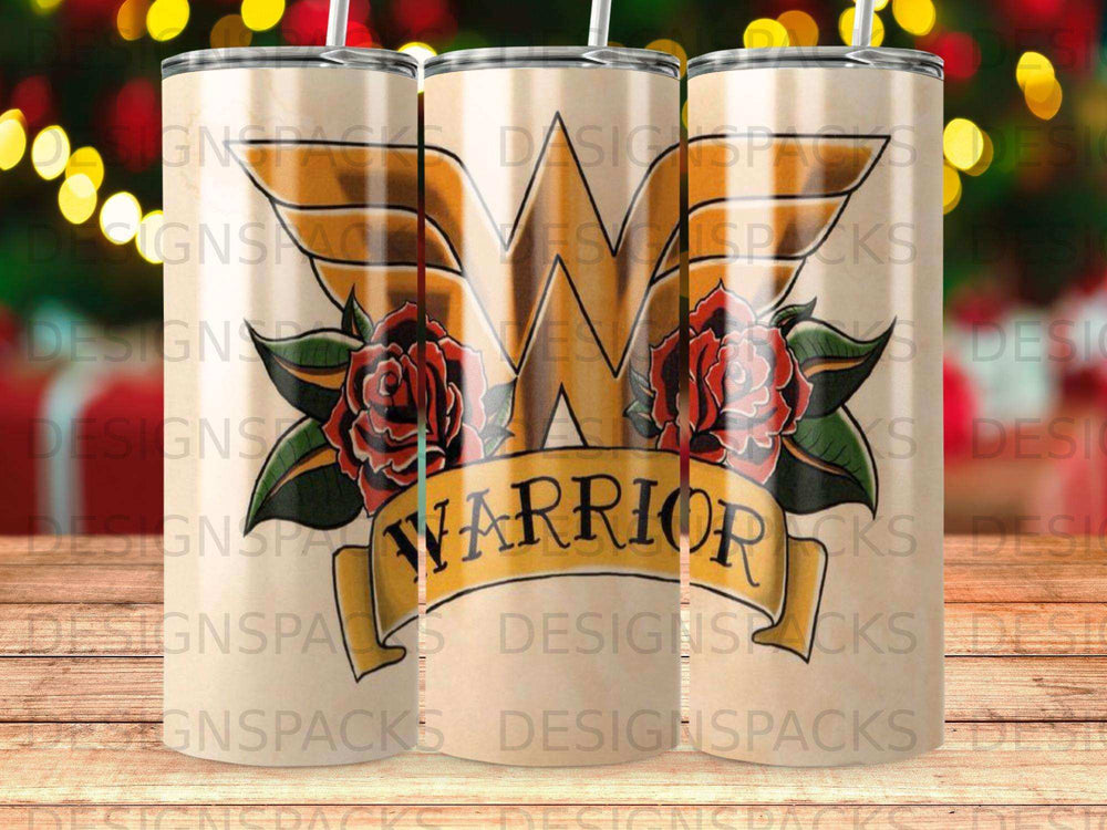 Warrior tumbler with red roses and ornate banner, white background.