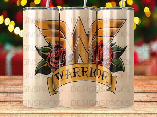 Warrior tumbler with red roses and ornate banner, white background.