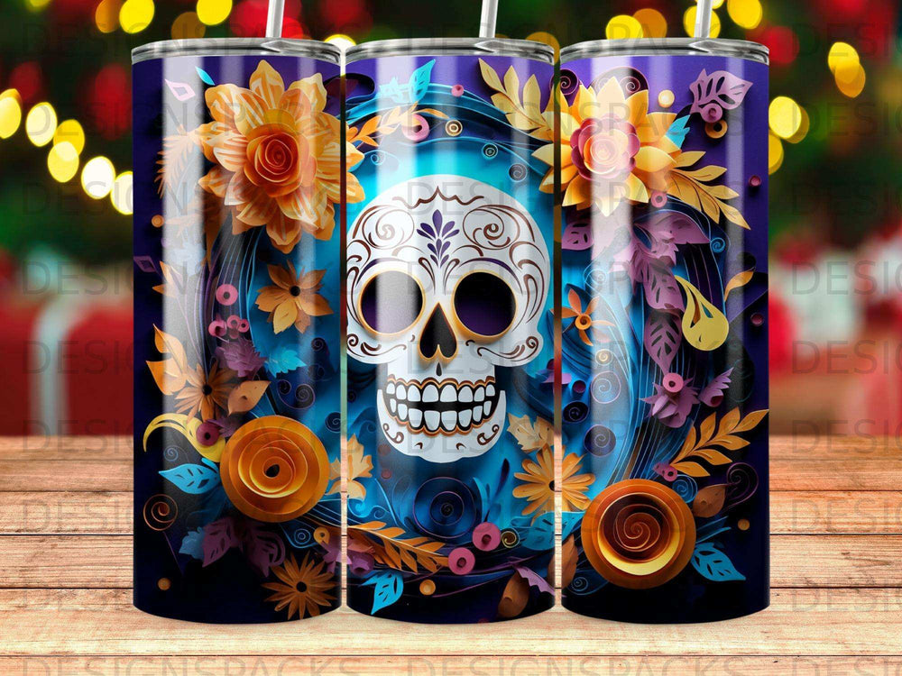Floral skull tumbler with ornate swirling blue and orange designs.