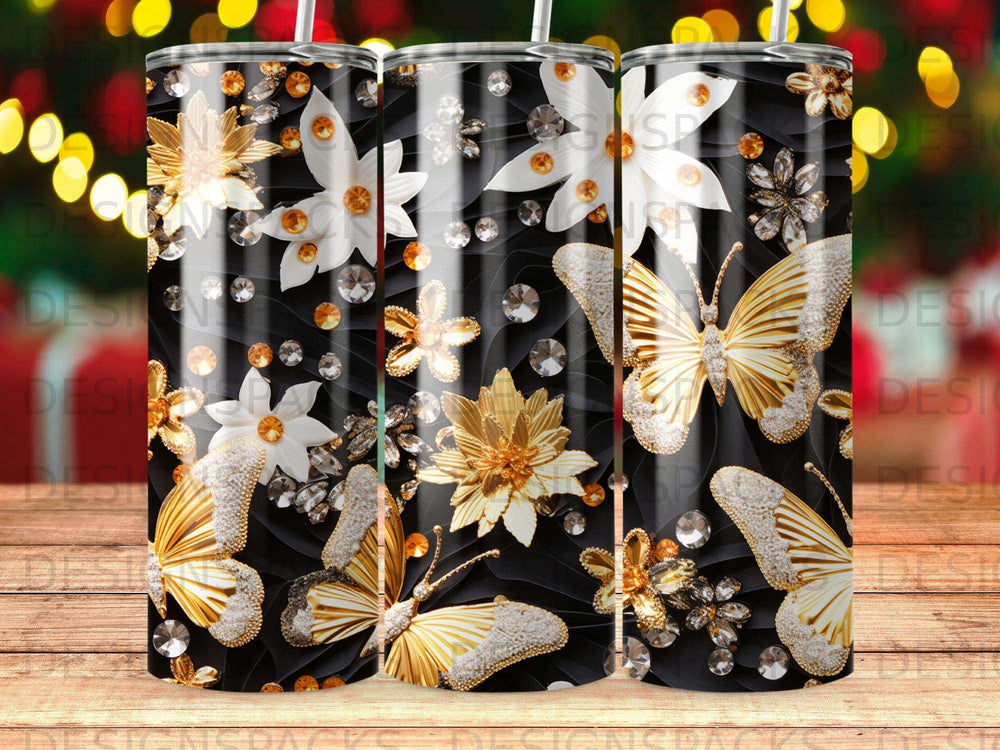 Gold butterflies and white flowers with scattered gems on black background.
