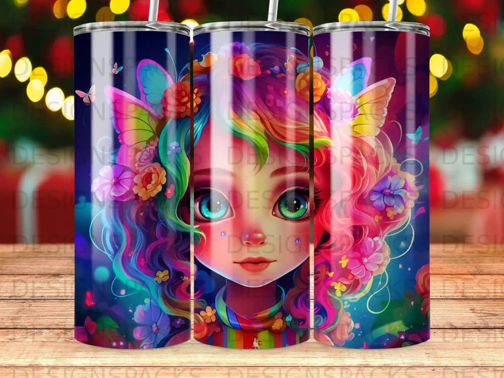 Colorful portrait of a fantasy girl with butterfly wings and floral decorations.