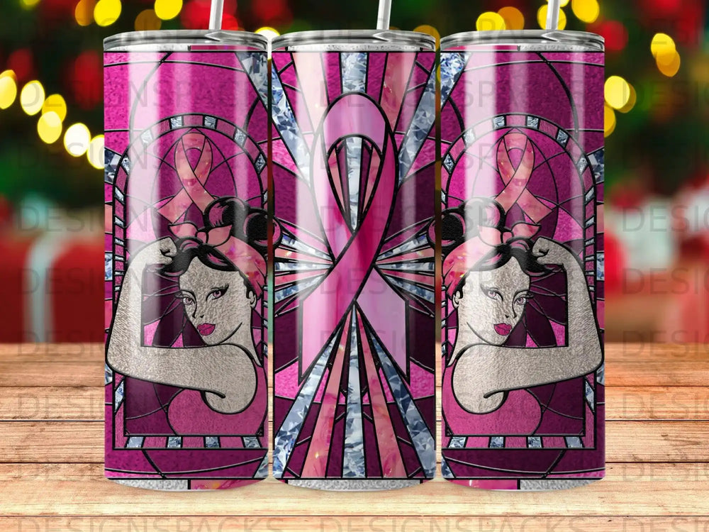 Pink ribbon stained glass tumbler with "We Can Do It" style woman.