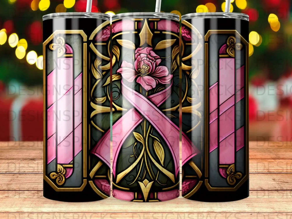 Tumbler design features a pink ribbon, floral accents, and ornate gold detailing.