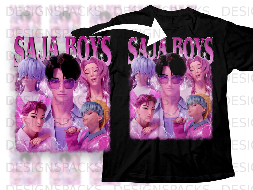 Black t-shirt featuring "SAJA BOYS" text and cartoon characters with pink and purple hair.