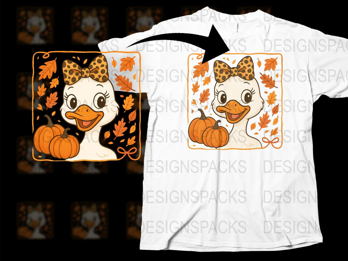 Cute Autumn Duck T-Shirt, Fall Season Pumpkin Tee, Orange Leaves Holiday Graphics, Casual Wear